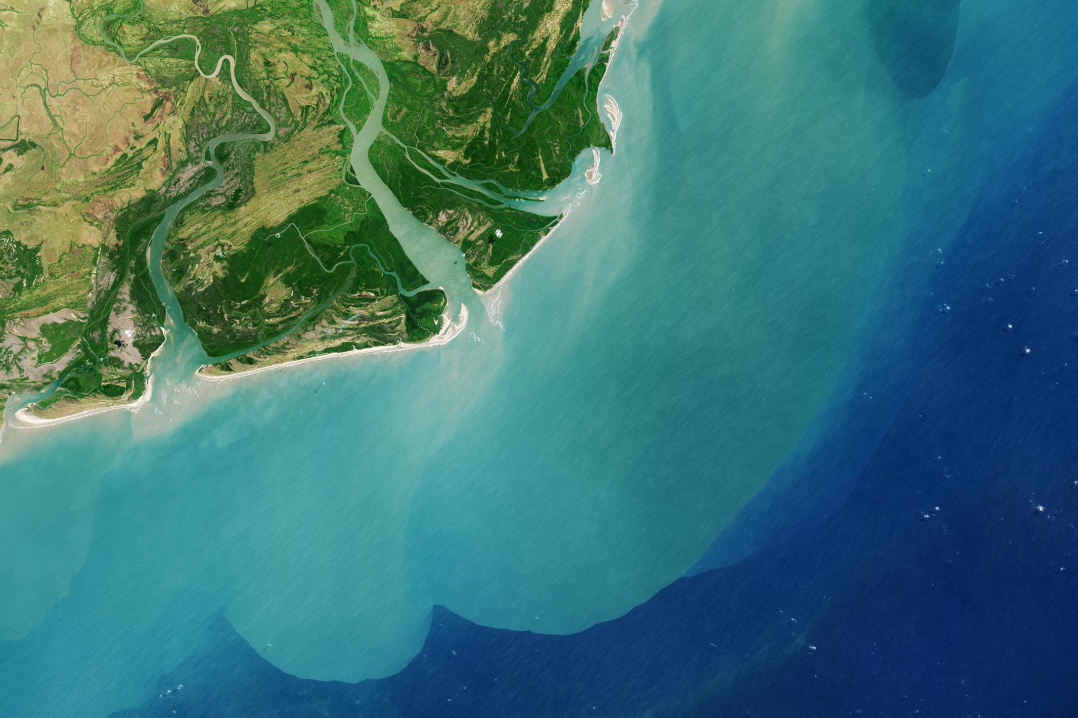 Landsat satellite image of the Zambezi River Delta, with suspended sediment spreading from the delta into the Indian Ocean
